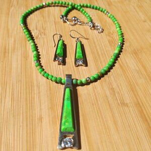 Jay King Lemon Lime Turquoise and CZ Pendant, necklace earrings 925 Sterling Sil